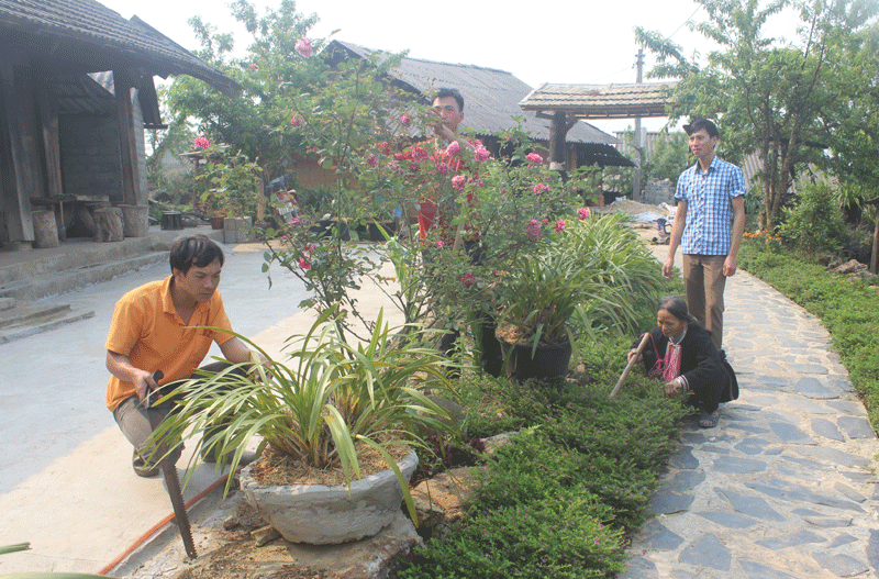 Người dân ở bản Sì Thâu Chải (xã Hồ Thầu) cắt, tỉa cây cảnh, vệ sinh nội bản sạch đẹp.