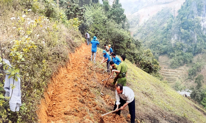 Cán bộ, công chức, đoàn viên, Công an xã Ta Gia (huyện Than Uyên) giúp người dân bản Mè làm đất trồng chè.