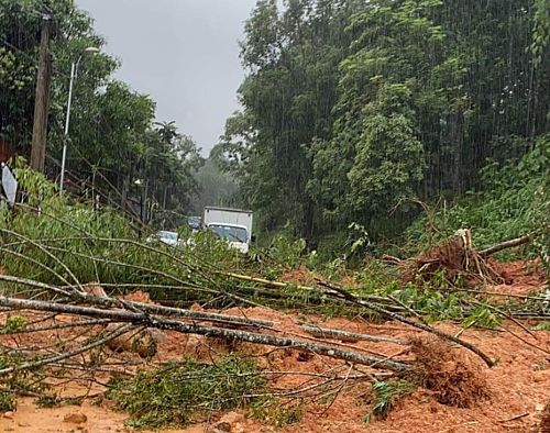 Trận mưa kéo dài ngày 12/7 đã gây sạt lở taluy dương trên tuyến Quốc lộ 32 (đoạn Km391+200 - thuộc địa phận xã Phúc Khoa, huyện Tân Uyên).