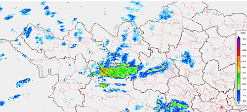 Hình ảnh các vùng mây đối lưu trên radar thời tiết đang phát triển trên các khu vực các huyện Mường Tè, Nậm Nhùn, Sìn Hồ, Phong Thổ của tỉnh Lai Châu. 