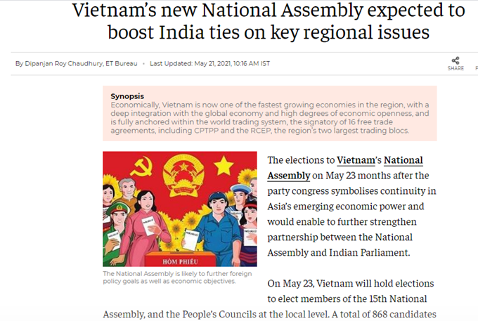 Tờ Thời báo Kinh tế của Ấn Độ kỳ vọng Quốc hội mới của Việt Nam sẽ thúc đẩy quan hệ với Ấn Độ trong các vấn đề chủ chốt của khu vực. (Ảnh chụp màn hình)