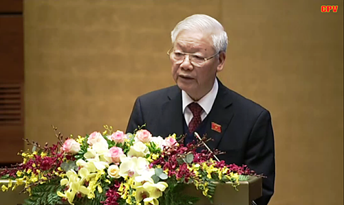 Tổng Bí thư, Chủ tịch nước Nguyễn Phú Trọng trình bày Báo cáo tóm tắt tổng kết công tác nhiệm kỳ 2016 - 2021 của Chủ tịch nước. (Ảnh: Bích Liên)