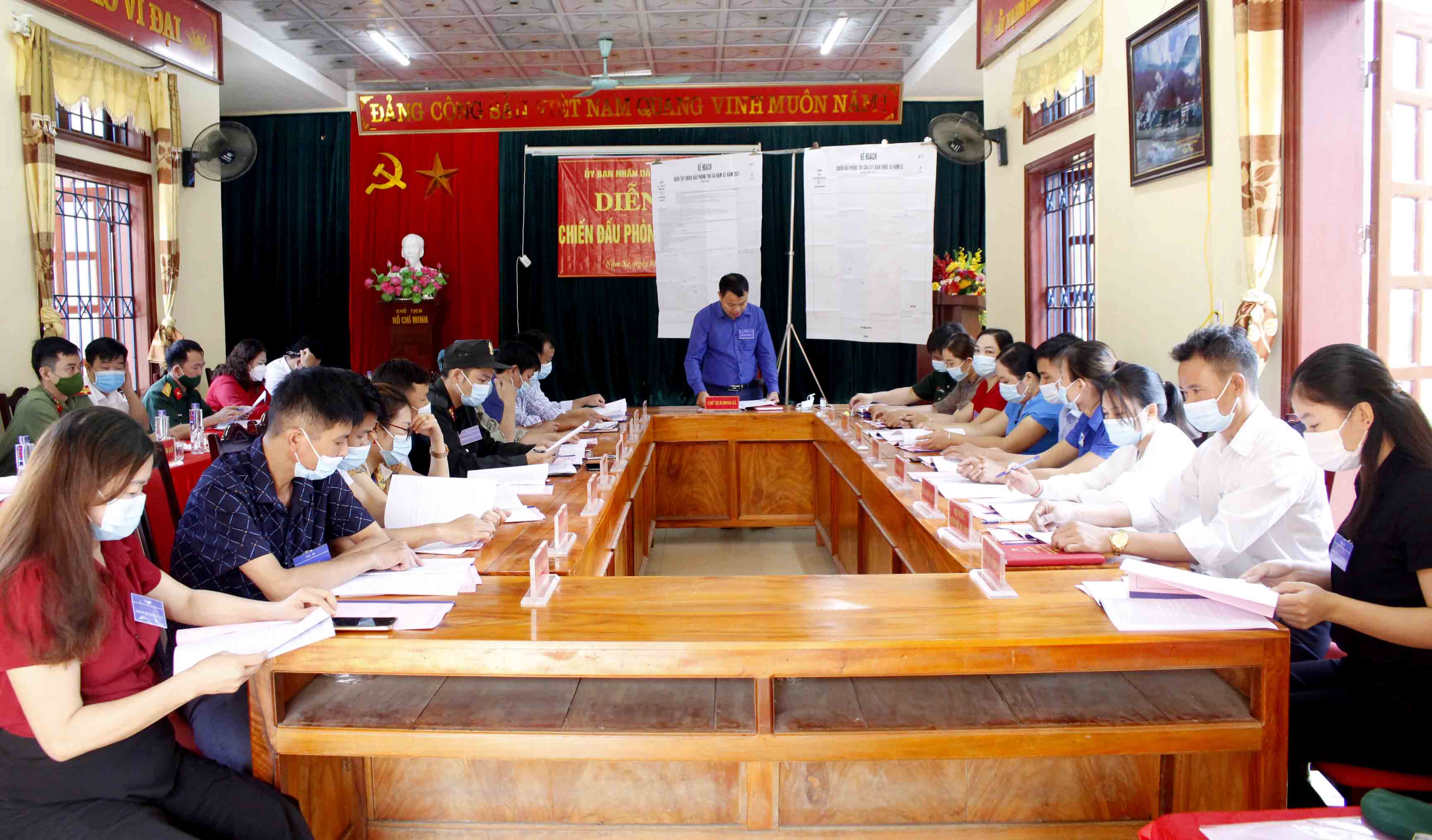 Quang cảnh diễn tập phần cơ chế chiến đấu phòng thủ xã Nậm Xe (huyện Phong Thổ) năm 2021. 