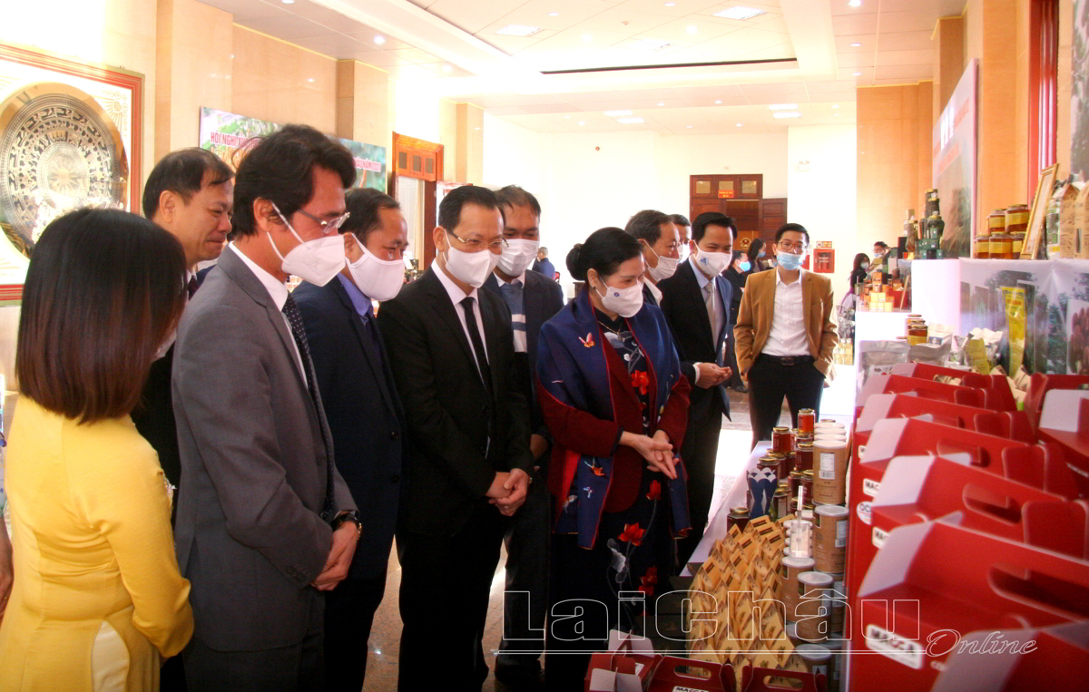 Các đại biểu thăm quan gian hàng trưng bày nông sản Lai Châu.
