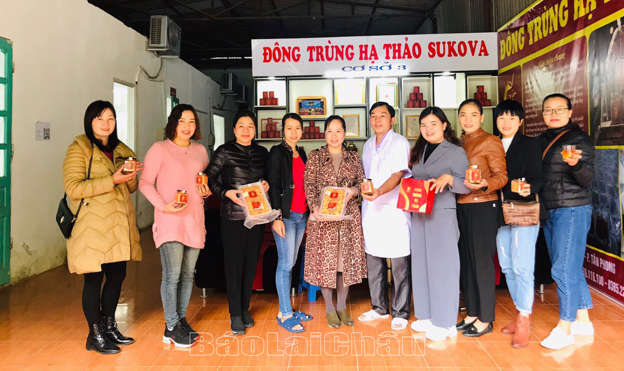 Cán bộ Hội LHPN thành phố Lai Châu thăm cơ sở sản xuất đông trùng hạ thảo SuKoVa của hội viên phụ nữ phường Quyết Tiến.