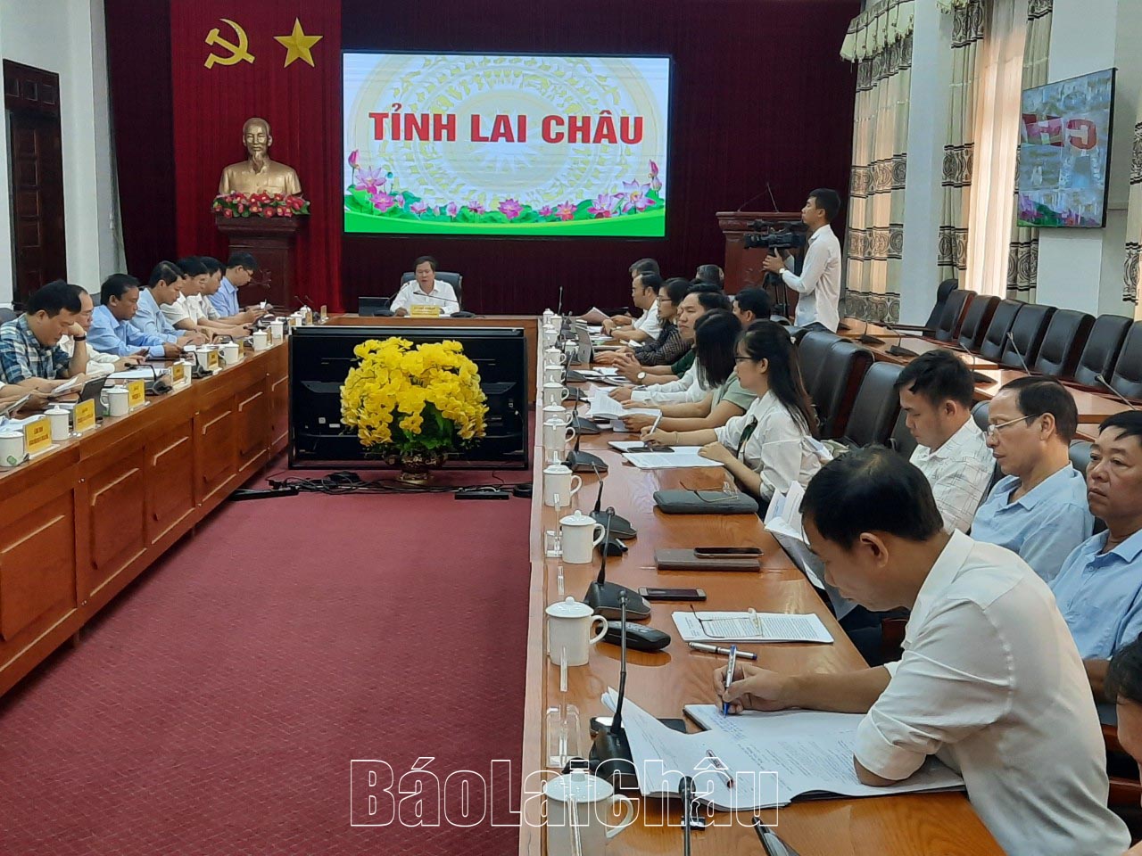 Quang cảnh hội nghị trực tuyến tại điểm cầu tỉnh Lai Châu.