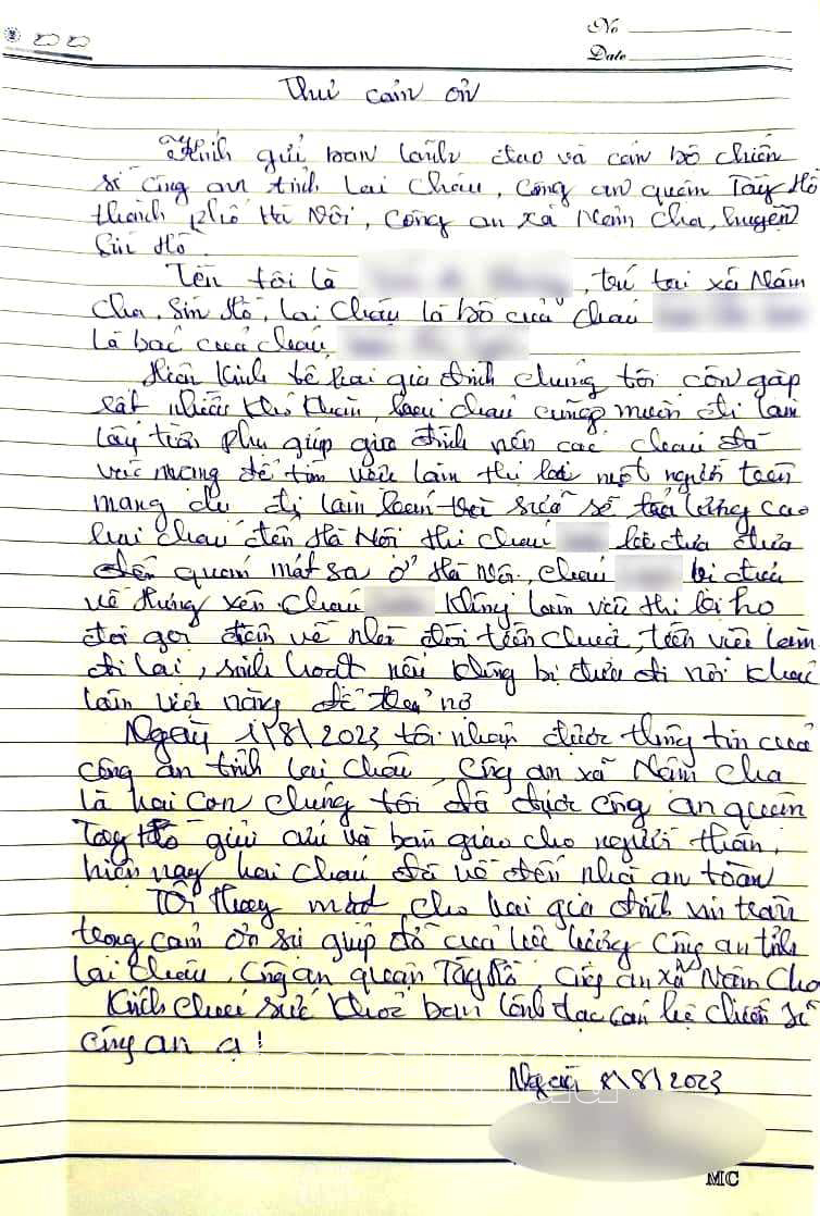 Lá thư mà người nhà nạn nhân gửi đến lực lượng công an như một lời cảm ơn sâu sắc.