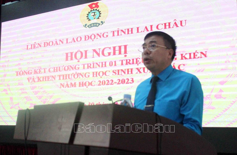 Đồng chí Hoàng Thọ Trung - Tỉnh ủy viên, Chủ tịch LĐLĐ tỉnh phát biểu tại hội nghị. 