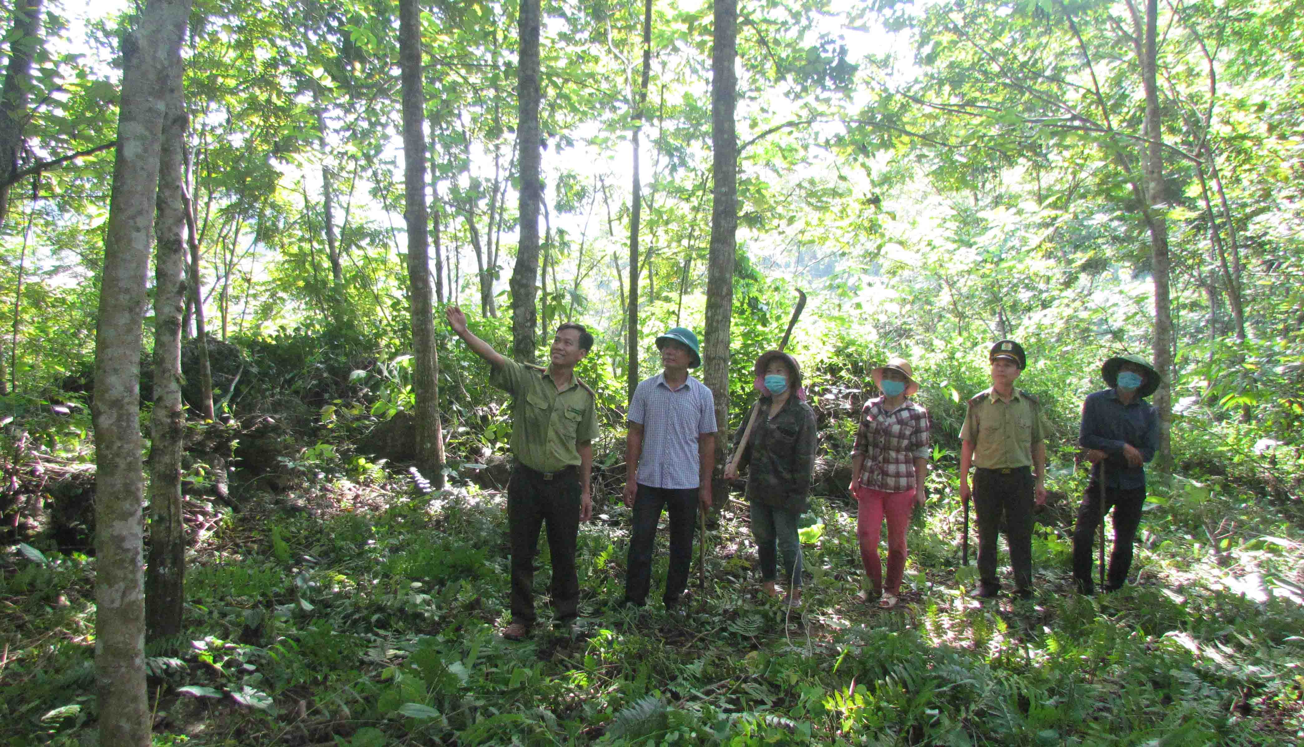 Anh Oanh (thứ 2 từ trái sang) cùng cán bộ Hạt Kiểm lâm huyện Phong Thổ và các thành viên trong HTX tuần tra bảo vệ rừng. 