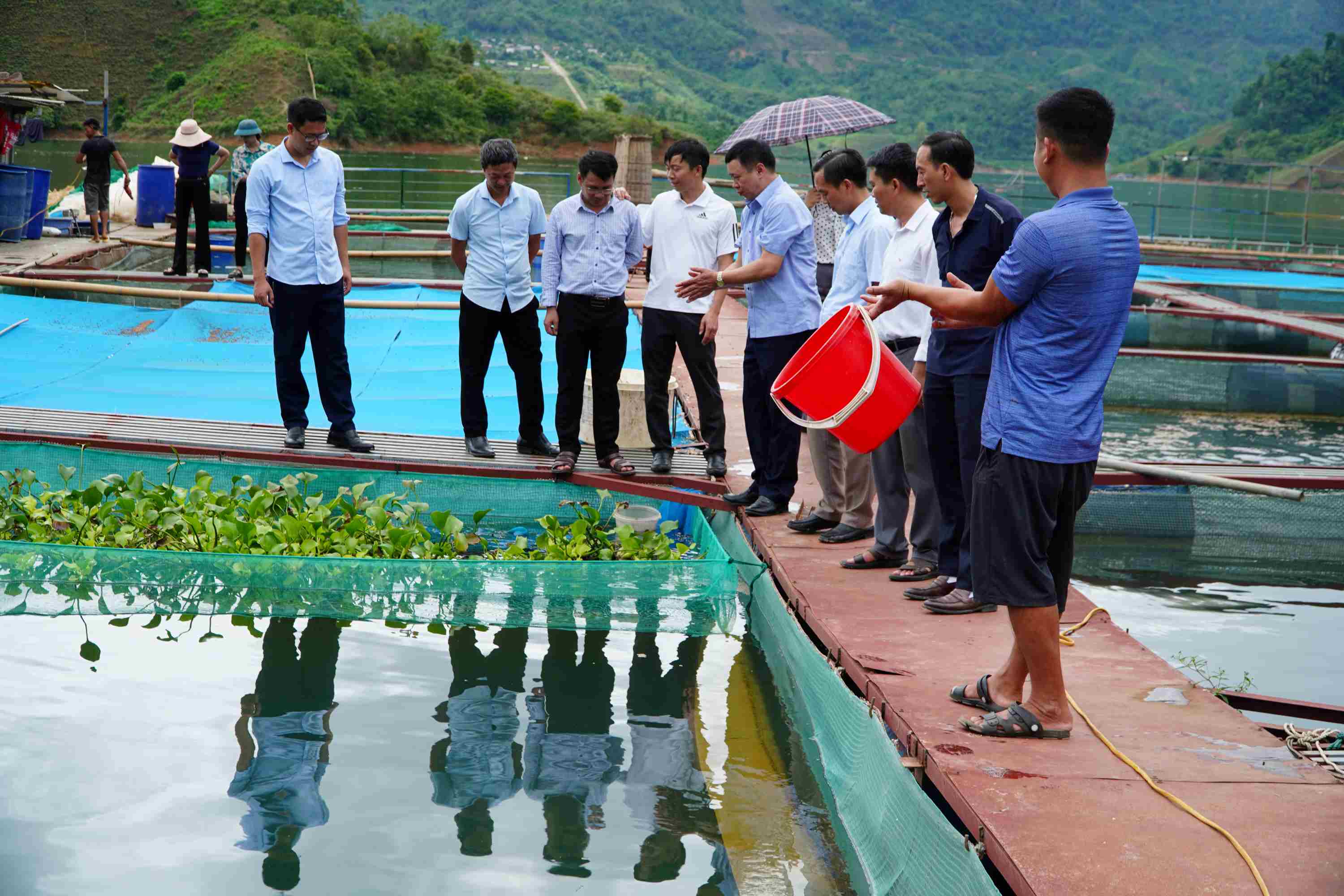 Đoàn kiểm tra thực tế tại HTX nuôi thủy sản Hùng Cường tại Bản Cang, xã Mường Mô.