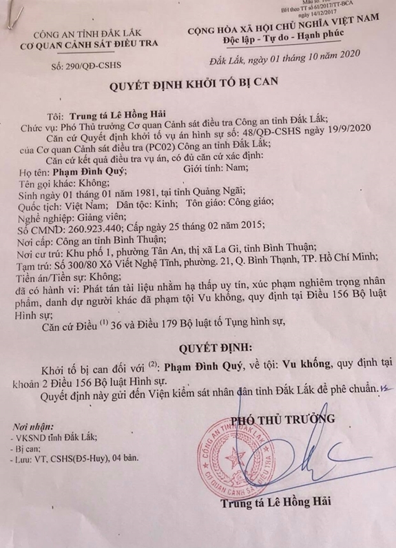 Công an tỉnh Đắk Lắk khới tố đối tượng vu khống 
