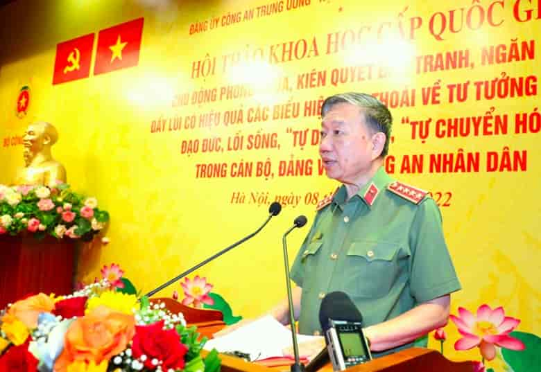  Đại tướng, GS.TS Tô Lâm, Ủy viên Bộ Chính trị, Bí thư Đảng ủy Công an Trung ương, Bộ trưởng Bộ Công an phát biểu kết luận tại Hội thảo. Ảnh: TH.