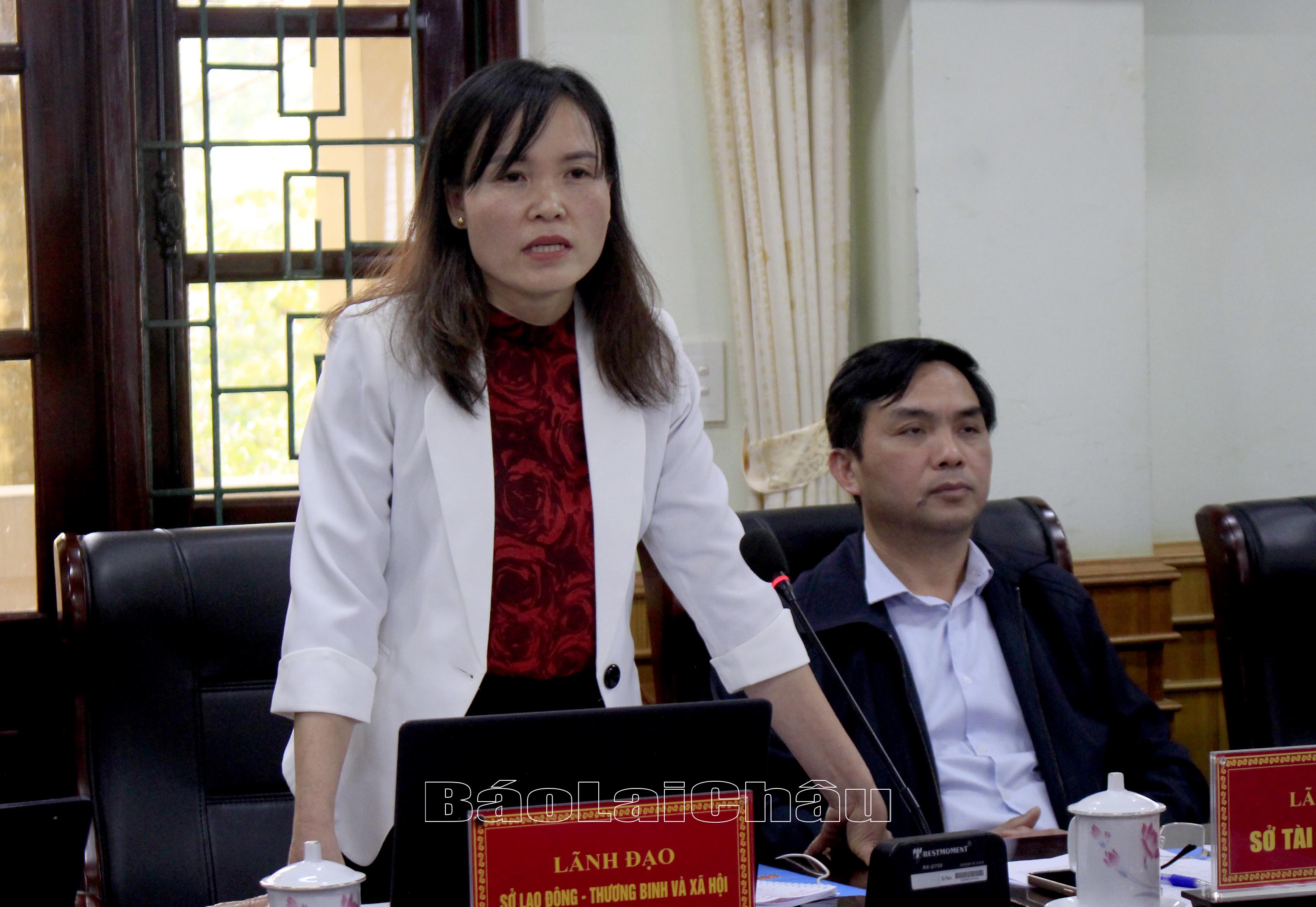 Đại biểu Sở Lao động - Thương binh và Xã hội tỉnh phát biểu ý kiến tại Hội nghị. 